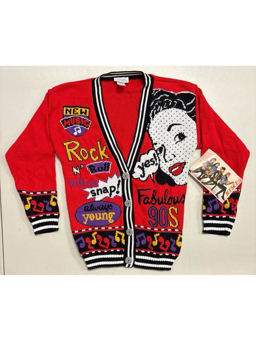 Vintage 1990 Jet Set Kids Cardigan Rock N Roll Fabulous 90s Large 14 NWT USA